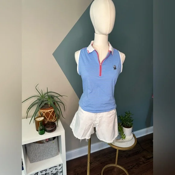 Peter Millar Women’s Sleeveless Golf Polo Shirt S Blue White Stripe UPF 50+ - Picture 3 of 14
